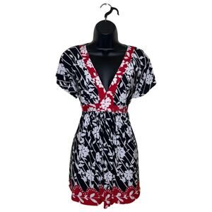 Vtg CHARLOTTE RUSSE Black Red Floral Babydoll Tunic Blouse Y2K Fairy Grunge Sz L